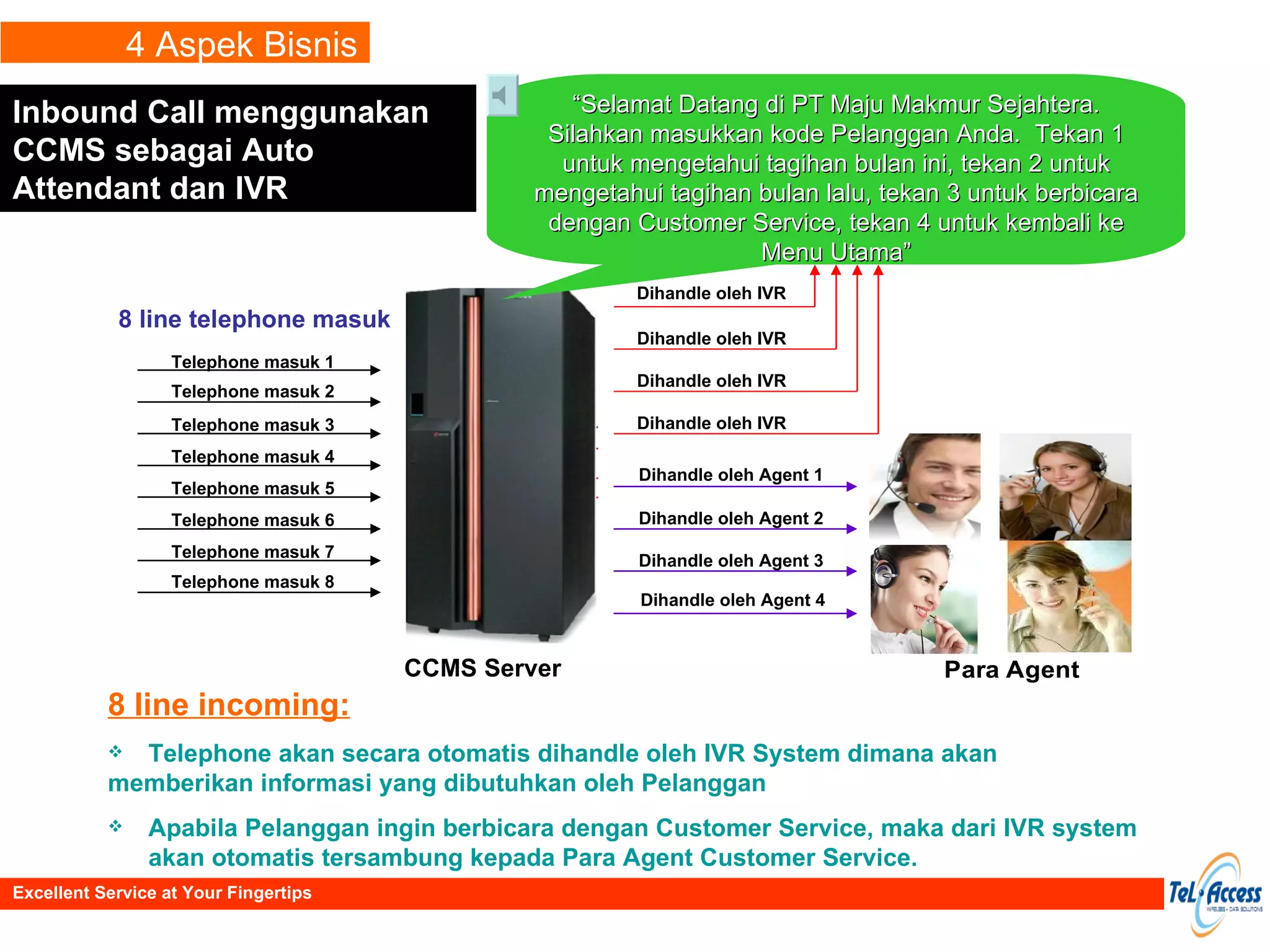 8 line telephone masuk Telephone masuk 1 Telephone masuk 2 Telephone masuk 3 Telephone masuk 4 Telephone masuk 5 Telephone masuk 6 Telephone masuk 7 Telephone masuk 8 Dihandle oleh Agent 1 Dihandle oleh Agent 2 Dihandle oleh Agent 3 Dihandle oleh Agent 4 Dihandle oleh IVR Dihandle oleh IVR Dihandle oleh IVR Dihandle oleh IVR “ Selamat Datang di PT Maju Makmur Sejahtera. Silahkan masukkan kode Pelanggan Anda.  Tekan 1 untuk mengetahui tagihan bulan ini, tekan 2 untuk mengetahui tagihan bulan lalu, tekan 3 untuk berbicara dengan Customer Service, tekan 4 untuk kembali ke Menu Utama” CCMS Server 8 line incoming: Telephone akan secara otomatis dihandle oleh IVR System dimana akan  memberikan informasi yang dibutuhkan oleh Pelanggan Apabila Pelanggan ingin berbicara dengan Customer Service, maka dari IVR system  akan otomatis tersambung kepada Para Agent Customer Service. 4 Aspek Bisnis Inbound Call menggunakan CCMS sebagai Auto Attendant dan IVR Excellent Service at Your Fingertips 