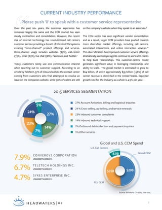 3
Source: IBISWorld OD4878, June 1015
Please push '0' to speak with a customer service representative
2015 SERVICES SEGMENTATION
Global and U.S. CCM Spend
CURRENT INDUSTRY PERFORMANCE
7.9% CONVERGYS CORPORATION
USMARKETSHARE2015
6.7% TELETECH HOLDINGS INC.
USMARKETSHARE2015
4.7% SYKES ENTERPRISE INC.
USMARKETSHARE2015
Over the past 20+ years, the customer experience has
remained largely the same and the CCM market has seen
steady contraction and consolidation. However, the recent
rise of internet technology has revolutionized call centers
customer service providing a breath of life into CCM systems
creating “omni-channel” product offerings and services.
Omni-channel usage includes websites (85%), call-center
(75%), email (65%), live chat (58%), Facebook, and Twitter.5
Today, customers rarely use one communication channel
when reaching out to customer support. According to an
article by TeleTech, 57% of inbound calls to the contact center
coming from customers who first attempted to resolve an
issue on the companies website, while 30% of callers are still
on the company's website when they speak to an associate.6
The CCM sector has seen significant vendor consolidation
and as a result, larger CCM providers have pushed towards
more diversified market offerings, including call centers,
automated interactions, and online interaction services.20
This diversification has improved customer service offerings
dramatically as employee agents continue to work with clients
to help build relationships. This customer-centric model
generates significant value in leveraging relationships and
ability to scale. The global market is estimated to grow to
$64 billion, of which approximately $35 billion (~56%) of call
center revenue is domiciled in the United States. Expected
growth rate for the industry as a whole is 4-5% per year.1
 