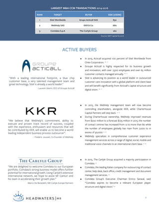 9
ACTIVE BUYERS
LARGEST M&A CCM TRANSACTIONS 2014-2016
Source: S&P Capital IQ 2016
•	 In 2015, Acticall acquired 100 percent of Sitel Worldwide from
Onex Corporation. 10 , 11
•	 Groupe Acticall is highly respected for its business growth
and innovation, with over 7,500 employees and over 65 million
customer contacts managed annually. 10 , 11
•	 Sitel is advancing its position as a world leader in outsourced
customer care innovation with a global platform and client base
and will benefit significantly from Acticall's capital structure and
digital vision. 10 , 11
"With a leading international footprint, a blue chip
customer base, a very talented management team and
great technology, Sitel is already a world leader."
- Laurent Uberti, CEO of Groupe Acticall
•	 In 2015, the Webhelp management team will now become
controlling shareholders, alongside KKR, while Charterhouse
Capital Partners will step back. 12 , 13
•	 During Charterhouse ownership, Webhelp improved revenues
from $200 million to a forecast $725 million in 2015, the number
of contact centres has increased from 12 to more than 80 while
the number of employees globally has risen from 7,000 to in
excess of 30,000. 12 , 13
•	 Webhelp specializes in comprehensive customer experience
management services across a range of digital, social, mobile and
traditional voice channels to an international client base. 12 , 13
“We believe that Webhelp's commitment, ability to
execute and proven track record of success, coupled
with the experience, enthusiasm and resources that will
be contributed by KKR, will enable us to become a world
leading independent business process outsourcer”.
- Frederic Jousset, Co-Founder of Webhelp
•	 In 2015, The Carlyle Group acquired a majority participation in
Comdata. 14
•	 Comdata, the leading Italian company for outsourcing of contact
center, help desk, back office, credit management and document
management services. 14
•	 Comdata Group’s Executive Chairman Enrico Saraval, said:
“Comdata aspires to become a relevant European player.
structure and digital vision." 14
“We are delighted to welcome Comdata to our European
portfolio. Comdata’s strong business model offers further
potential for international growth. Using Carlyle’s extensive
international network, we hope to assist Mr Canturi and
his team in accelerating their growth plan.”
-Marco De Benedetti, MD Carlyle Europe Partners
RANK TARGET BUYER SIZE (USDM)
1 Sitel Worldwide Grupo Acticall SAS 830
2 Webhelp SAS KKR & Co. 680
3 Comdata S.p.A The Carlyle Group 262
 