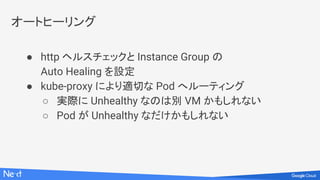 オートヒーリング
● http ヘルスチェックと Instance Group の
Auto Healing を設定
● kube-proxy により適切な Pod へルーティング
○ 実際に Unhealthy なのは別 VM かもしれない
○ Pod が Unhealthy なだけかもしれない
 