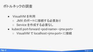 ボトルネックの調査
● VisualVM を利用
○ JMX のポートに接続する必要あり
○ Service を作成する必要なし
● kubectl port-forward <pod-name> <jmx-port>
○ VisualVM で localhost:<jmx-port> に接続
 