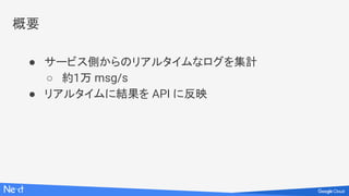 概要
● サービス側からのリアルタイムなログを集計
○ 約1万 msg/s
● リアルタイムに結果を API に反映
 