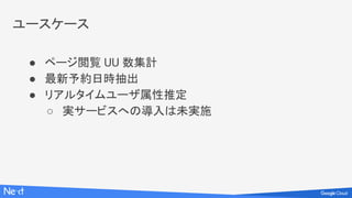 ユースケース
● ページ閲覧 UU 数集計
● 最新予約日時抽出
● リアルタイムユーザ属性推定
○ 実サービスへの導入は未実施
 