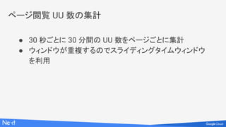 ページ閲覧 UU 数の集計
● 30 秒ごとに 30 分間の UU 数をページごとに集計
● ウィンドウが重複するのでスライディングタイムウィンドウ
を利用
 