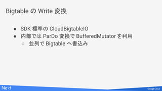 Bigtable の Write 変換
● SDK 標準の CloudBigtableIO
● 内部では ParDo 変換で BufferedMutator を利用
○ 並列で Bigtable へ書込み
 