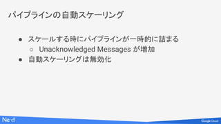 パイプラインの自動スケーリング
● スケールする時にパイプラインが一時的に詰まる
○ Unacknowledged Messages が増加
● 自動スケーリングは無効化
 