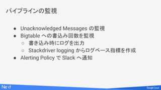 パイプラインの監視
● Unacknowledged Messages の監視
● Bigtable への書込み回数を監視
○ 書き込み時にログを出力
○ Stackdriver logging からログベース指標を作成
● Alerting Policy で Slack へ通知
 