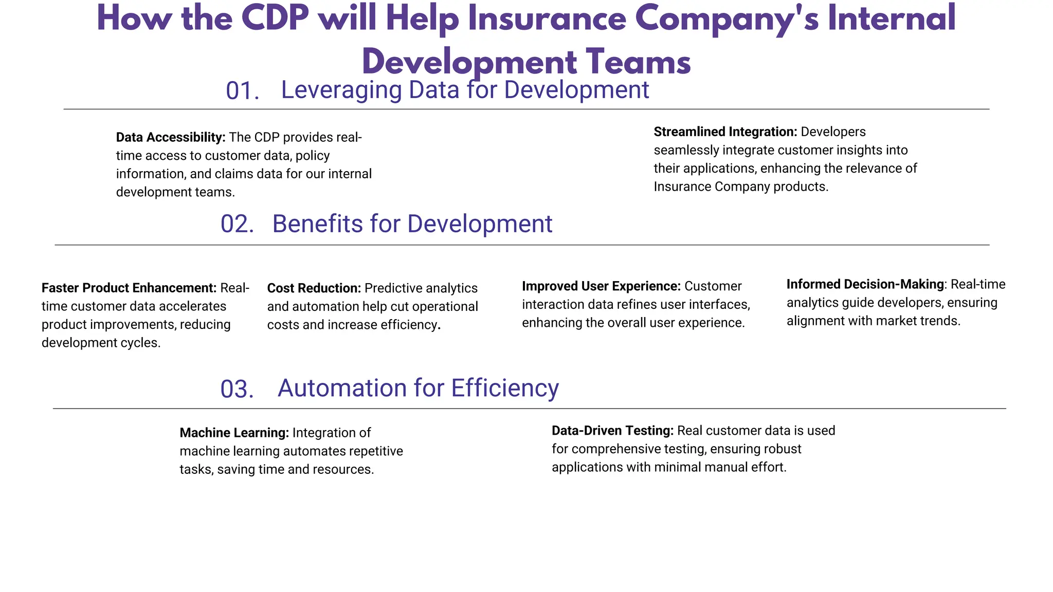 01. Leveraging Data for Development
Streamlined Integration: Developers
seamlessly integrate customer insights into
their applications, enhancing the relevance of
Insurance Company products.
Data Accessibility: The CDP provides real-
time access to customer data, policy
information, and claims data for our internal
development teams.
02. Benefits for Development
Cost Reduction: Predictive analytics
and automation help cut operational
costs and increase efficiency.
Improved User Experience: Customer
interaction data refines user interfaces,
enhancing the overall user experience.
Faster Product Enhancement: Real-
time customer data accelerates
product improvements, reducing
development cycles.
03. Automation for Efficiency
Data-Driven Testing: Real customer data is used
for comprehensive testing, ensuring robust
applications with minimal manual effort.
Machine Learning: Integration of
machine learning automates repetitive
tasks, saving time and resources.
How the CDP will Help Insurance Company's Internal
Development Teams
Informed Decision-Making: Real-time
analytics guide developers, ensuring
alignment with market trends.
 