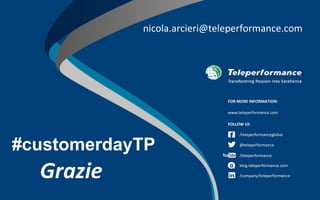 Grazie	
FOR	MORE	INFORMATION:	
www.teleperformance.com	
FOLLOW	US	
/teleperformanceglobal	
@teleperformance	
/teleperforma...