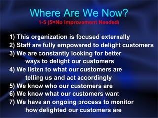 Where Are We Now? 1-5 (5=No Improvement Needed) 1) This organization is focused externally 2) Staff are fully empowered to delight customers 3) We are constantly looking for better  ways to delight our customers 4) We listen to what our customers are  telling us and act accordingly 5) We know who our customers are 6) We know what our customers want 7) We have an ongoing process to monitor  how delighted our customers are   