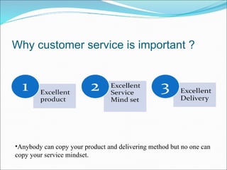 Why customer service is important ? <ul><li>Anybody can copy your product and delivering method but no one can copy your s...