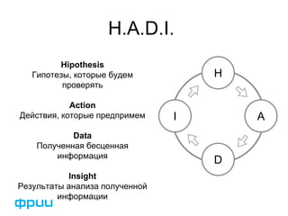 H.A.D.I.
Hipothesis
Гипотезы, которые будем
проверять
Action
Действия, которые предпримем
Data
Полученная бесценная
информация
Insight
Результаты анализа полученной
информации
A
H
D
I