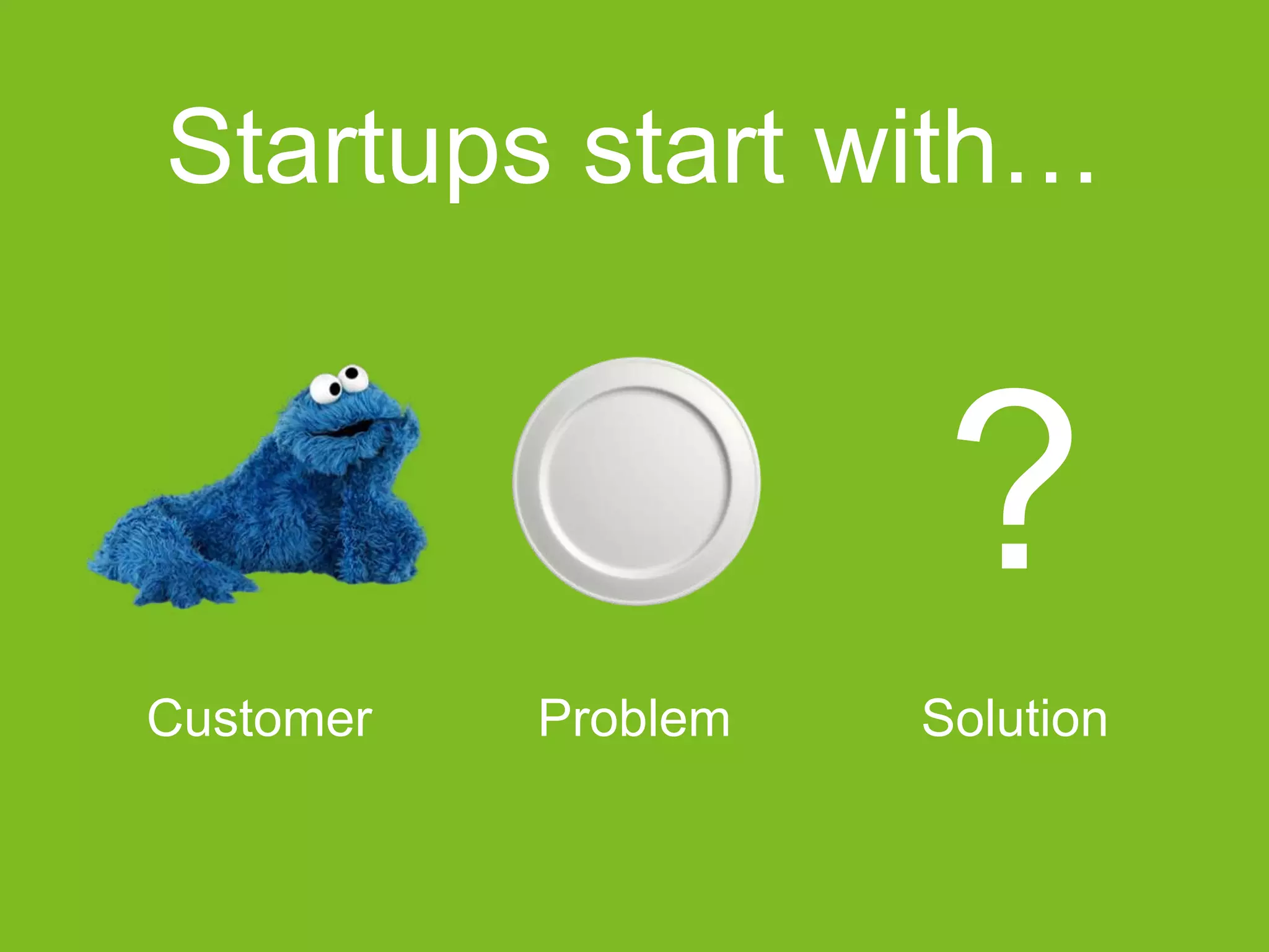 Customer Problem Solution
Startups start with…
?
 