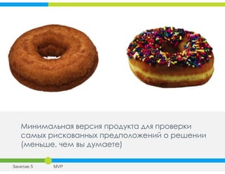 Минимальная версия продукта для проверки
самых рискованных предположений о решении
(меньше, чем вы думаете)
Занятие 5 MVP
 