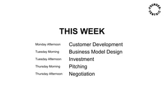 THIS WEEK
Monday Afternoon Customer Development
Tuesday Morning Business Model Design
Tuesday Afternoon Investment
Thursday Morning Pitching
Thursday Afternoon Negotiation
 