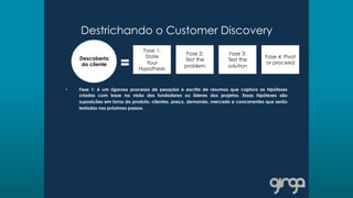 Destrichando o Customer Discovery
•  Fase 1: é um rigoroso processo de pesquisa e escrita de resumos que captura as hipóteses
criadas com base na visão dos fundadores ou líderes dos projetos. Essas hipóteses são
suposições em torno do produto, clientes, preço, demanda, mercado e concorrentes que serão
testadas nos próximos passos.
Descoberta
do cliente
Fase 1:
State
Your
Hypothesis
Fase 2:
Test the
problem
Fase 3:
Test the
solution
Fase 4: Pivot
or proceed
 