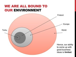 WE ARE ALL BOUND TO
OUR ENVIRONMENT
Turku
Finland
Europe
World
Hence, our ability
to come up with
good business
ideas is limited.
 