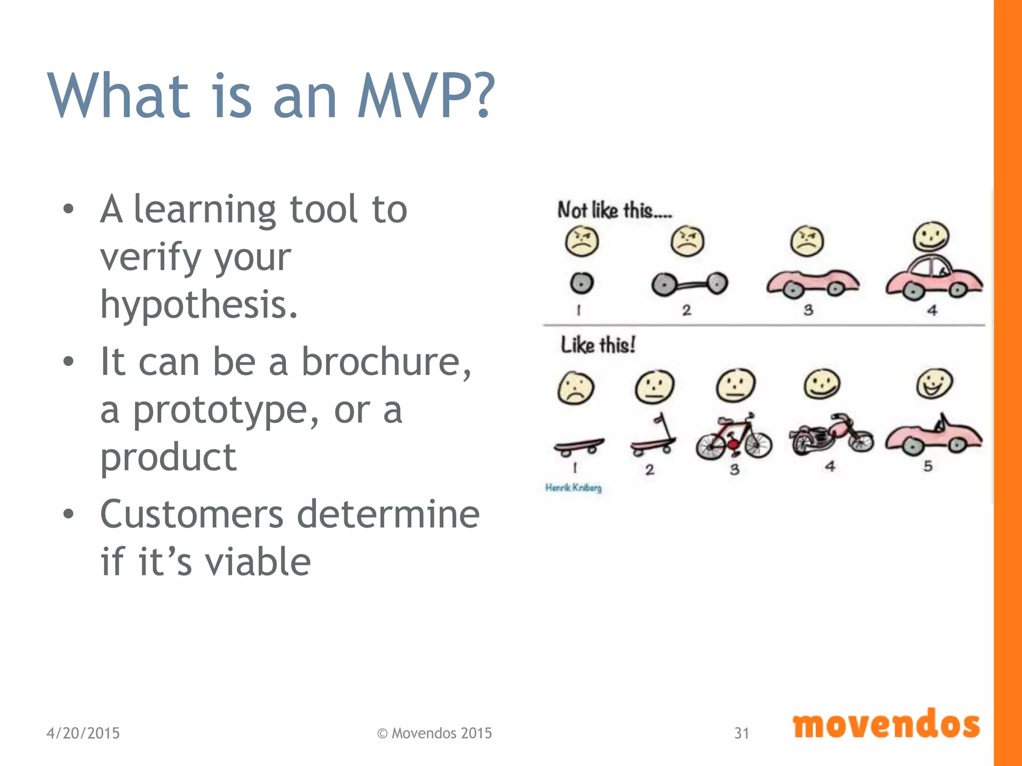 What is an MVP?
• A learning tool to
verify your
hypothesis.
• It can be a brochure,
a prototype, or a
product
• Customers determine
if it’s viable
4/20/2015 © Movendos 2015 31
 