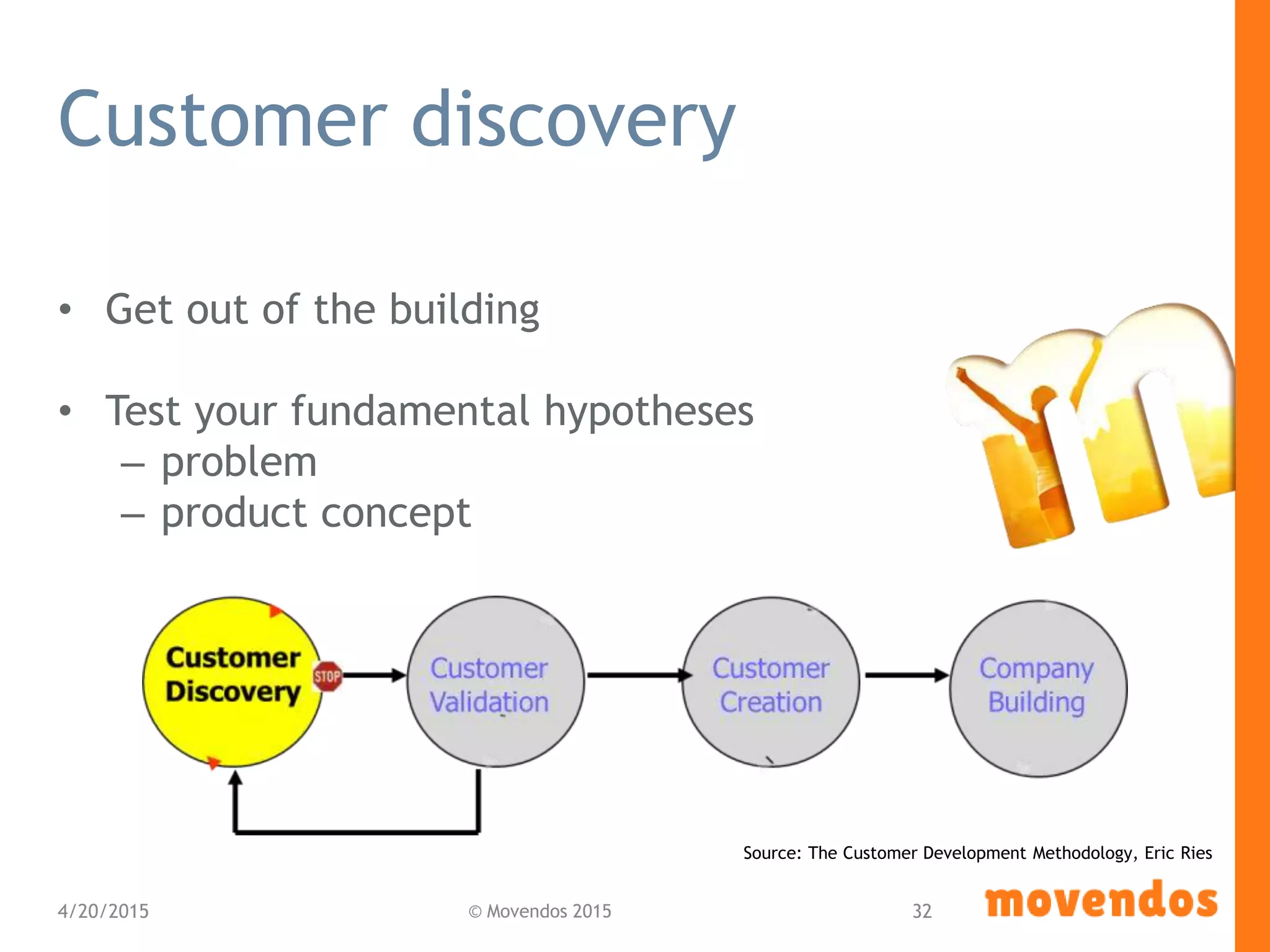 Customer discovery
• Get out of the building
• Test your fundamental hypotheses
– problem
– product concept
4/20/2015 © Movendos 2015 32
Source: The Customer Development Methodology, Eric Ries
 