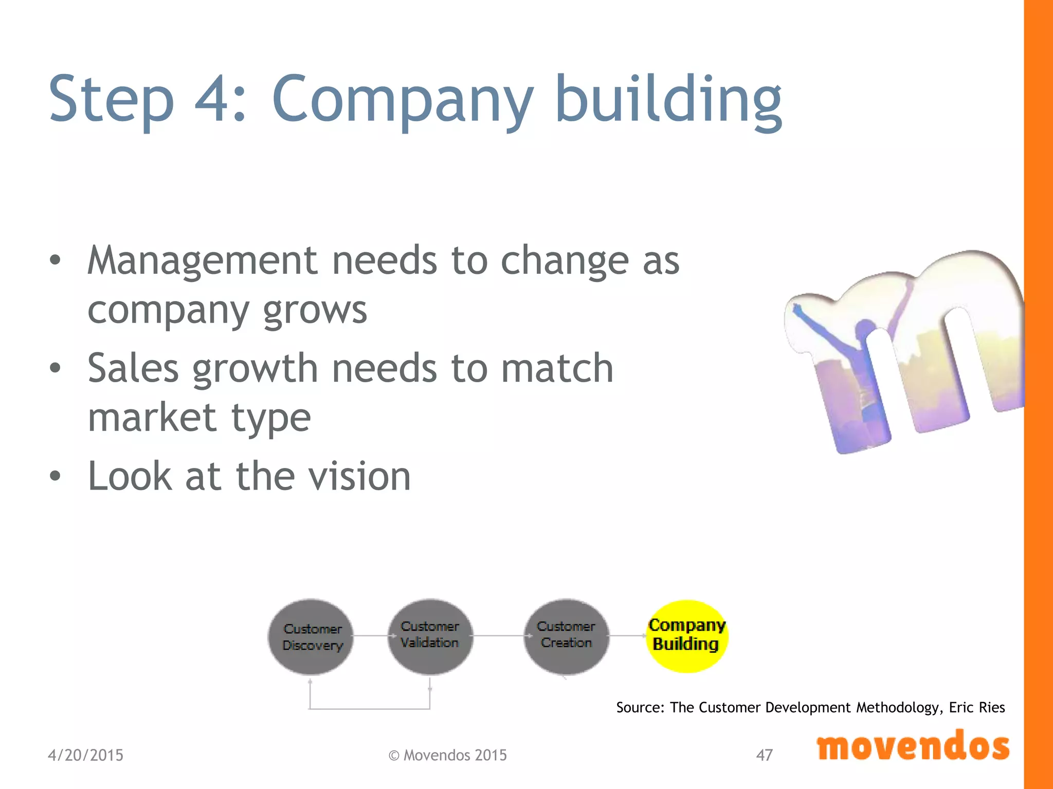 Step 4: Company building
• Management needs to change as
company grows
• Sales growth needs to match
market type
• Look at the vision
4/20/2015 © Movendos 2015 47
Source: The Customer Development Methodology, Eric Ries
 