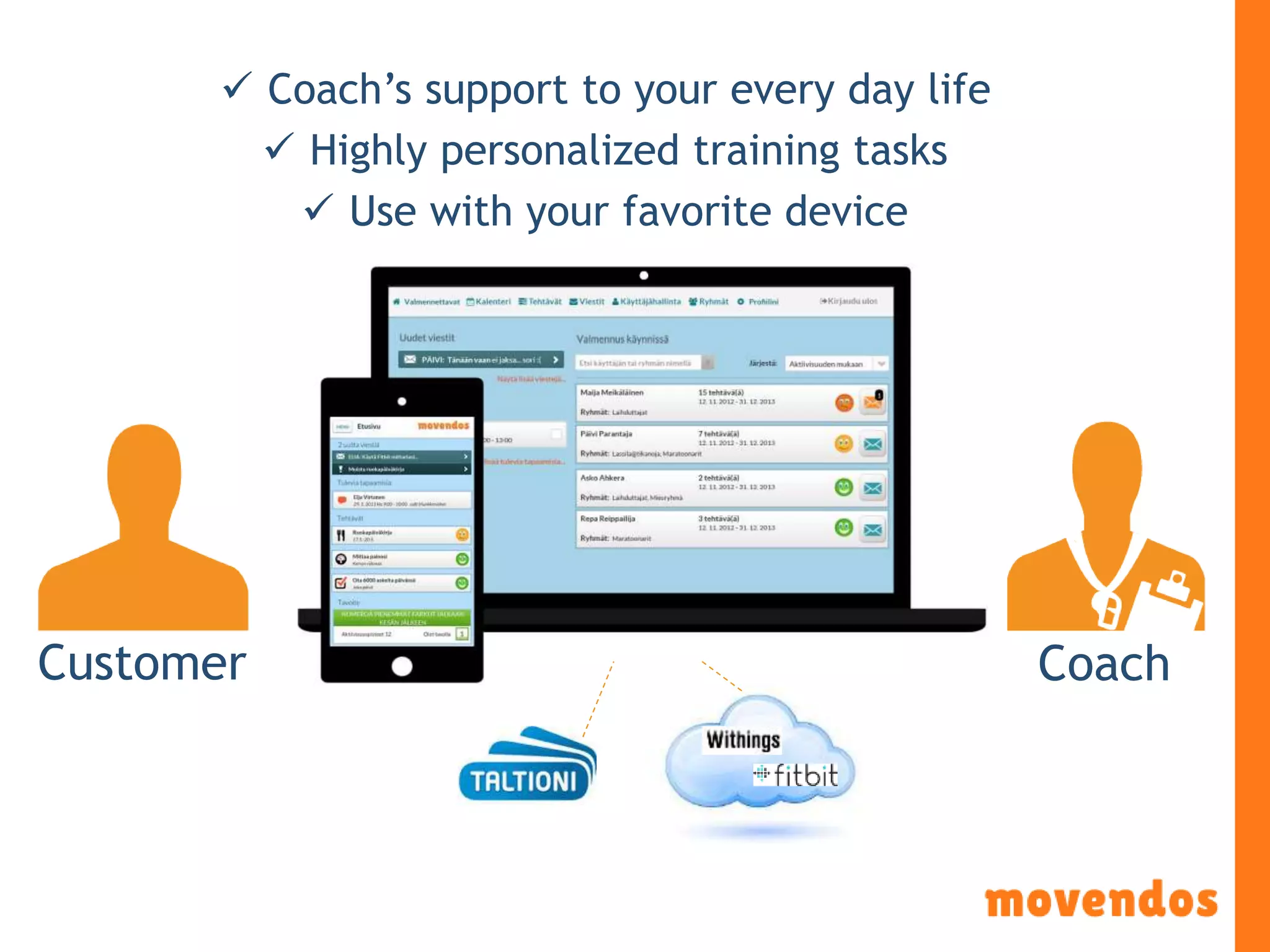CoachCustomer
 Coach’s support to your every day life
 Highly personalized training tasks
 Use with your favorite device
 