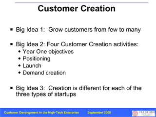 Customer Creation  Big Ideas Big Idea 1:  Grow customers from few to many Big Idea 2: Four Customer Creation activities: Year One objectives Positioning Launch Demand creation Big Idea 3:  Creation is different for each of the three types of startups 