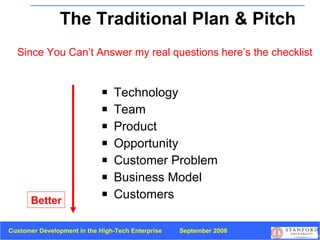 The Traditional Plan & Pitch Technology Team Product Opportunity Customer Problem Business Model Customers Since You Can’t Answer my real questions here’s the checklist Better 