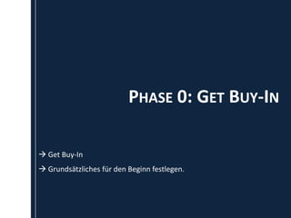 PHASE 0: GET BUY-IN

 Get Buy-In
 Grundsätzliches für den Beginn festlegen.
 