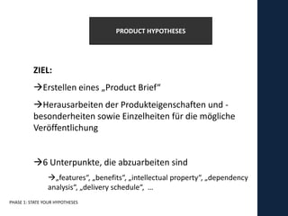 PRODUCT HYPOTHESES




          ZIEL:
          Erstellen eines „Product Brief“
          Herausarbeiten der Produkteigenschaften und -
          besonderheiten sowie Einzelheiten für die mögliche
          Veröffentlichung


          6 Unterpunkte, die abzuarbeiten sind
                „features“, „benefits“, „intellectual property“, „dependency
                analysis“, „delivery schedule“, …
PHASE 1: STATE YOUR HYPOTHESES
 