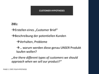 CUSTOMER HYPOTHESES




          ZIEL:
          Erstellen eines „Customer Brief“
          Beschreibung der potentiellen Kunden
                Verhalten, Probleme
                … warum werden diese genau UNSER Produkt
                kaufen wollen?
          „Are there different types of customers we should
          approach when we sell our product?“

PHASE 1: STATE YOUR HYPOTHESES
 