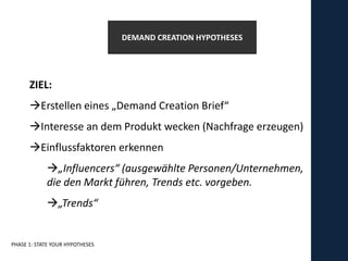 DEMAND CREATION HYPOTHESES




      ZIEL:
      Erstellen eines „Demand Creation Brief“
      Interesse an dem Produkt wecken (Nachfrage erzeugen)
      Einflussfaktoren erkennen
            „Influencers“ (ausgewählte Personen/Unternehmen,
            die den Markt führen, Trends etc. vorgeben.
            „Trends“


PHASE 1: STATE YOUR HYPOTHESES
 