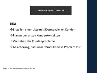 FRIENDLY FIRST CONTACTS




        ZIEL:
        Erstellen einer Liste mit 50 potenziellen Kunden
        Planen der ersten Kundenkontakten
        Verstehen der Kundenprobleme
        Absicherung, dass unser Produkt diese Problem löst




PHASE 2: TEST AND QUALIFY YOUR HYPOTHESES
 