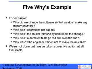 Customer Development in the High-Tech Enterprise
Five Why's Example
 For example:
 Why did we change the software so tha...