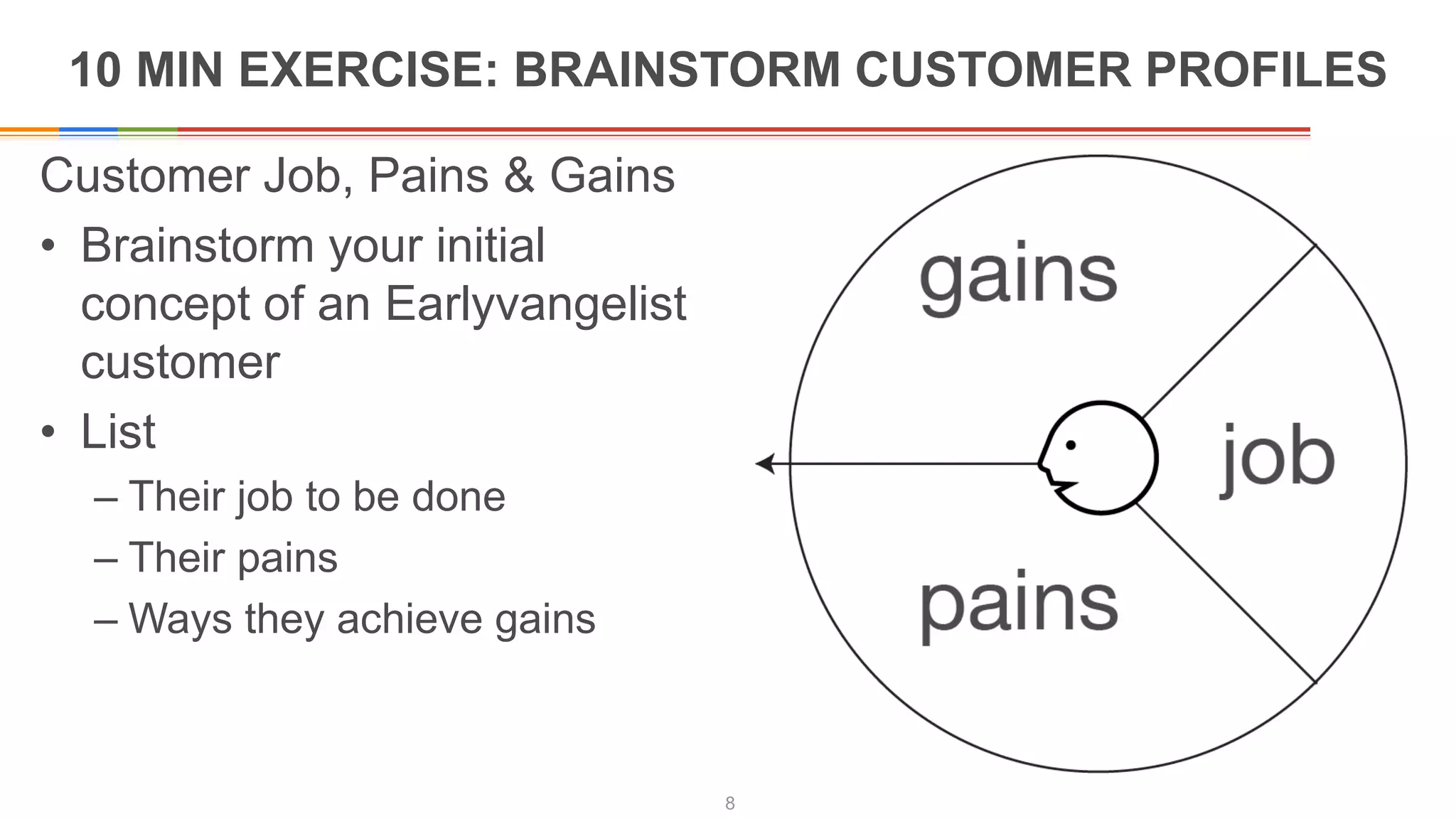 10 MIN EXERCISE: BRAINSTORM CUSTOMER PROFILES
8
Customer Job, Pains & Gains
• Brainstorm your initial
concept of an Earlyvangelist
customer
• List
– Their job to be done
– Their pains
– Ways they achieve gains
 