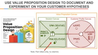 USE VALUE PROPOSITION DESIGN TO DOCUMENT AND
EXPERIMENT ON YOUR CUSTOMER HYPOTHESES
7
Note: Pain killers only, no vitamins
Solution Canvas Customer Profile Canvas
Value Proposition Canvas
 