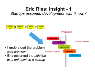 Eric Ries: Insight - 1
     Startups assumed development was “known”


  Concept/   Product    Alpha/   Launch
    Seed      Dev.       Beta     /Ship


                                                              Waterfall

                                          Requirements

                                                         Design
                                                                          Solution: known


• I understood the problem                 Implementa1on


  was unknown               Problem: known          Veriﬁca1on


• Eric observed the solution                                Maintenance


  was unknown in a startup
 