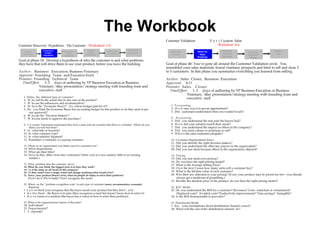 The Workbook
                                                                                                                      Customer Validation                   V e r i f ication: Sales
Customer Discovery Hypothesis: The Customer Worksheet 1-b                                                                                                         Worksheet 4-b
                    Customer &                             Demand            Market Type       Competitive                                                           Verify the                       Iterate or
   Product
                     Problem
                                     Distribution &
                                                           Creation                            Hypothesis
                                                                                                                         Verify the            Verify the                              Verify the
  Hypothesis                             Pricing                             Hypothesis
                                                                                                                          Product                Sales                Channel                            Exit
                    Hypothesis        Hypothesis
                                                          Hypothesis                                                                                                                   Business
                                                                                                                                               Roadmap               Roadmap
                                                                                                                                                                                        Model
Goal of phase 1b: Develop a hypothesis of who the customer is and what problems
they have that will drive them to use your product, before you leave the building.                                    Goal of phase 4b: You’ve gone all around the Customer Validation circle. You
                                                                                                                      assembled your sales materials, found visionary prospects and tried to sell and close 3
A u t h o r : Business Execution, Business Visionary                                                                  to 5 customers. In this phase you summarize everything you learned from selling.
Approval: Founding Team and Executive Staff
Presenter: Founding Technical Team                                                                                    Author: Sales Closer, Business Execution
   Time/Effort:     3-5 days of authoring by VP Business Execution or Business                                        Approval: A l l
                Visionary, day presentation/ strategy meeting with founding team and                                  Presenter: Sales Closer
                executive staff                                                                                          Time/Effort:    1-3 days of authoring by VP Business Execution or Business
                                                                                                                                     Visionary, day presentation/strategy meeting with founding team and
   1. Define the different types of “customer”
   2.  W ho will be the actual day-to-day user of the product?
                                                                                                                                     executive staff
   3.  W ho are the influencers and recommenders?
   4.  W ho is the “Economic Buyer?” (I.e. whose budget paid for it?)                                                    1. P r o s p ecting
   5.  Do you think the Economic Buyer has an existing budget for this product or do they need to get                    2. H o w easy was it to get an appointment?
        one approved?                                                                                                    3. Did customers understand what you wanted to sell?
   6 . W ho are the “Decision Makers?”
   7 . W ho else needs to approve the purchase?                                                                          4 . Presenting
                                                                                                                         5.   Did you understand the real pain the buyers had?
   8 . C u s tomer Visionaries understand they have a pain and can visualize that there is a solution. Where do you      6.   H o w did your solution match their needs?
        think you will find them?                                                                                        7.   Did you understand the impact on others in the company?
   9. In what title or function?                                                                                         8.   Did you need a demo or prototype to sell?
   10. In what company type?                                                                                             9.   W h e r e the sales materials adequate?
   11. In what industry Segment?
   12. R eminder: a visionary is a paying customer                                                                       10. Customer Organizational Issues
                                                                                                                         11. Did you identify the right decision makers?
   13. Where in an organization you think your first customers are?                                                      12. Did you understand the other key players in the organization?
   14. What departments                                                                                                  13. Did you lose deals because others in the organization objected?
   15. What are their titles?
   16. How do they differ from later customers? (Hint: Lots in a new market, little in an existing                       1 4 . Pricing
       market.)                                                                                                          15. Did you lose deals over pricing?
                                                                                                                         16. Do you have the right pricing model?
   17. What problem does the customer have?                                                                              17. What is the Average Selling Price?
   18. What do you think the biggest pain is in how they work?                                                           18. Over the next 3 years how many units will a customer buy?
   19. I s it the same on all levels of the company?
   20. I f they could wave a magic wand and change anything what would it be?                                            19. What is the lifetime value of each customer?
   21. Since your product doesn’t exist, what do people do today to solve their problem?                                 20. Was their any objection to your pricing? (If not, your product may be priced too low—you should
        D o n’t do it ?Do it badly? Don’t recognize the need?                                                                always get a modicum of grumbling.)
                                                                                                                         21. Besides the absolute price of the product, do you have the right pricing model?
   22. Where on the “problem recognition scale” is each type of customer (users, recommenders, economic
       buyers)                                                                                                           22. R O I Model
   • L a t e nt Need (you recognize that the buyer needs your product but they don’t…yet)                                23. Do you understand the ROI for a customer? Revenues? Costs- reduction or containment?
   • A c tive Need – the Buyer is in pain (they recognizes a need but doesn’t know how to solve it)                           Displaced costs? Avoided costs? Productivity improvements? Time-savings? Intangible?
   • H a s a vision of a solution (the buyer has a vision of how to solve their problem)                                 24. Is the ROI demonstrable or provable?

   23. What is the organizational impact of this pain?                                                                   25. Distribution Model
   24. Individual?                                                                                                       • Are your assumptions about distribution channel correct?
   25. Departmental?                                                                                                     26. What will the cost of the distribution channel be?
   1 . C orporate?
 