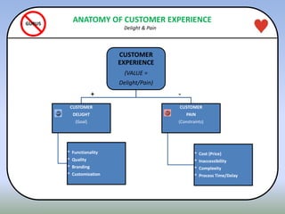 ANATOMY OF CUSTOMER EXPERIENCE
Delight & Pain
CUSTOMER
EXPERIENCE
(VALUE =
Delight/Pain)
CUSTOMER
DELIGHT
(Goal)
* Functionality
* Quality
* Branding
* Customization
CUSTOMER
PAIN
(Constraints)
* Cost (Price)
* Inaccessibility
* Complexity
* Process Time/Delay
GURUS
+ -
 