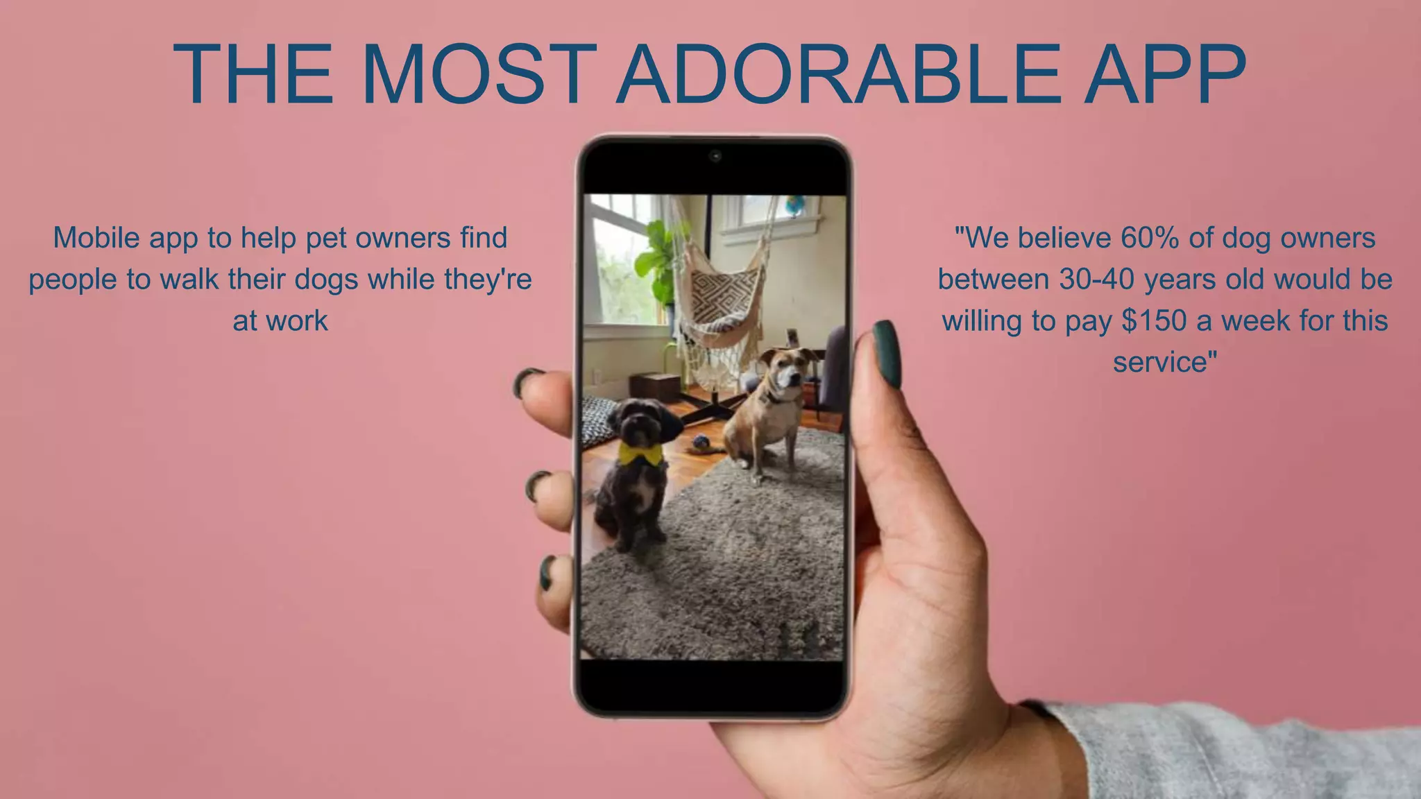 Mobile app to help pet owners find
people to walk their dogs while they're
at work
"We believe 60% of dog owners
between 30-40 years old would be
willing to pay $150 a week for this
service"
THE MOST ADORABLE APP
 
