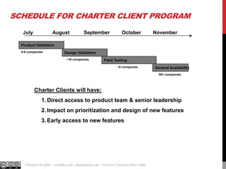 SCHEDULE FOR CHARTER CLIENT PROGRAM
July

August

September

October

November

Product Validation
4-6 companies

Design Validation
~10 companies

Field Testing
~8 companies

General Availability
50+ companies

Charter Clients will have:

1. Direct access to product team & senior leadership
2. Impact on prioritization and design of new features
3. Early access to new features

@cwodtke |

Christina Wodtke | cwodtke.com | eleganthack.com | Creative Commons Share Alike

 