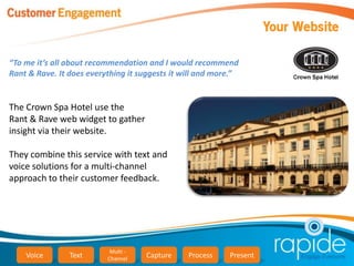 “To me it’s all about recommendation and I would recommend
Rant & Rave. It does everything it suggests it will and more.”


The Crown Spa Hotel use the
Rant & Rave web widget to gather
insight via their website.

They combine this service with text and
voice solutions for a multi-channel
approach to their customer feedback.




                           Multi -
    Voice       Text      Channel    Capture    Process    Present
 
