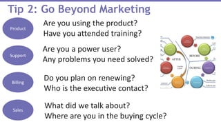 Tip 2: Go Beyond Marketing
Are you using the product?
Have you attended training?
Support
Product
Are you a power user?
Any problems you need solved?
What blogs am I reading?
Sales
What did we talk about?
Where are you in the buying cycle?
Billing
Do you plan on renewing?
Who is the executive contact?
 