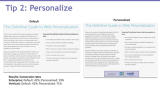 Results: Conversion rates
Enterprise: Default: 42%; Personalized: 59%
Verticals: Default: 42%; Personalized: 71%
Tip 2: Personalize
Default Personalized
 