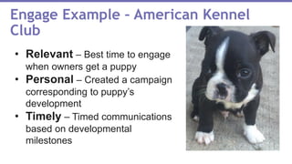 Engage Example – American Kennel
Club
• Relevant – Best time to engage
when owners get a puppy
• Personal – Created a camp...