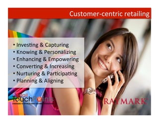 Customer-­‐centric	
  retailing	
  



• 	
  InvesTng	
  &	
  Capturing	
  
• 	
  Knowing	
  &	
  Personalizing	
  
• 	
  Enhancing	
  &	
  Empowering	
  
• 	
  ConverTng	
  &	
  Increasing	
  
• 	
  Nurturing	
  &	
  ParTcipaTng	
  
• 	
  Planning	
  &	
  Aligning	
  
 