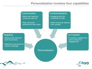 7
Personalization involves four capabilities
Personalization
Targeting
• Starting with what we
want to promote.
• Selecting consumers for
a given campaign
Customization
• Starts with what the
consumer asks for.
• Take consumer
demands at face value
Contextualization
• Engaging with the
consumer’s world.
• Infers consumer desires
from context.
Co-Creation
• Providing a platform for
active consumer
engagement.
 
