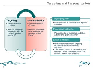8
Targeting and Personalization
• Produces a list of consumers for a given
message
Targeting Algorithm
• Produces a list of messages and other
actions for a given consumer
Personalization Algorithm
• Both personalization and targeting
require some kind of matching
algorithm.
• The desired “match” is the same in both
contexts. So the two algorithms should
probably have a common core.
Similar or Different?
Targeting
• From Content to
Individual
• Here’s a campaign
message – who are
the best people to
receive it?
Personalization
• From Individual to
Content
• Here’s a consumer –
what message do
we want to give
them?
 