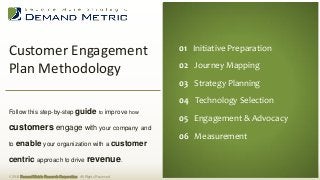 Customer Engagement Plan Methodology 
© 2014 Demand Metric Research Corporation. All Rights Reserved. 
Follow this step-by-step guide to improve how customers engage with your company and to enable your organization with a customer centric approach to drive revenue. 
01 Initiative Preparation 
02 Journey Mapping 
03 Strategy Planning 
04 Technology Selection 
05 Engagement & Advocacy 
06 Measurement  