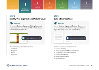 10CUSTOMER ENGAGEMENT PLAN
Undeﬁned
Progressive
Mature
World-Class
Executive Summary
Opportunity Overview & Key Success Factors
Assumptions & Decision-Making Criteria
Business Impact Analysis
Risk & Contingency Plans
Recommendation
Identify Your Organization’s Maturity Level Build a Business Case
STEP 3 STEP 4
Action Item Action Item
Complete our Customer Engagement Maturity Assessment
to understand where your organization falls on the four tiers of
Customer Engagement maturity.
Use our Customer Engagement Business Case to ensure
senior management that Customer Engagement initiatives
align with current business goals and objectives.
The four levels of maturity are deﬁned as follows: Sections of your business case should include:
V I E W R E S O U R C E V I E W R E S O U R C E
Introduction
Initiative
Preparation
1
2 3 4 5 6
Journey
Mapping
Strategy
Planning
Technology
Selection
Engagement &
Advocacy
Measurement
 
