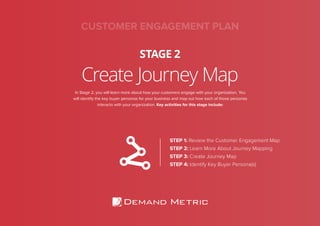 Create Journey Map
STAGE 2
In Stage 2, you will learn more about how your customers engage with your organization. You
will identify the key buyer personas for your business and map out how each of those personas
interacts with your organization. Key activities for this stage include:
STEP 1: Review the Customer Engagement Map
STEP 2: Learn More About Journey Mapping
STEP 3: Create Journey Map
STEP 4: Identify Key Buyer Persona(s)
CUSTOMER ENGAGEMENT PLAN
 